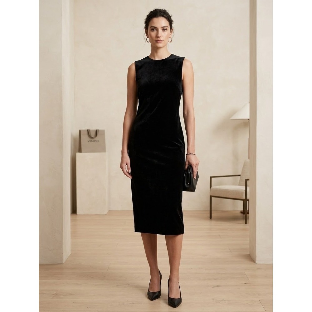 Vince Black Velvet Sleeveless Midi Sheath Dress VR898 50267 Womens Medium